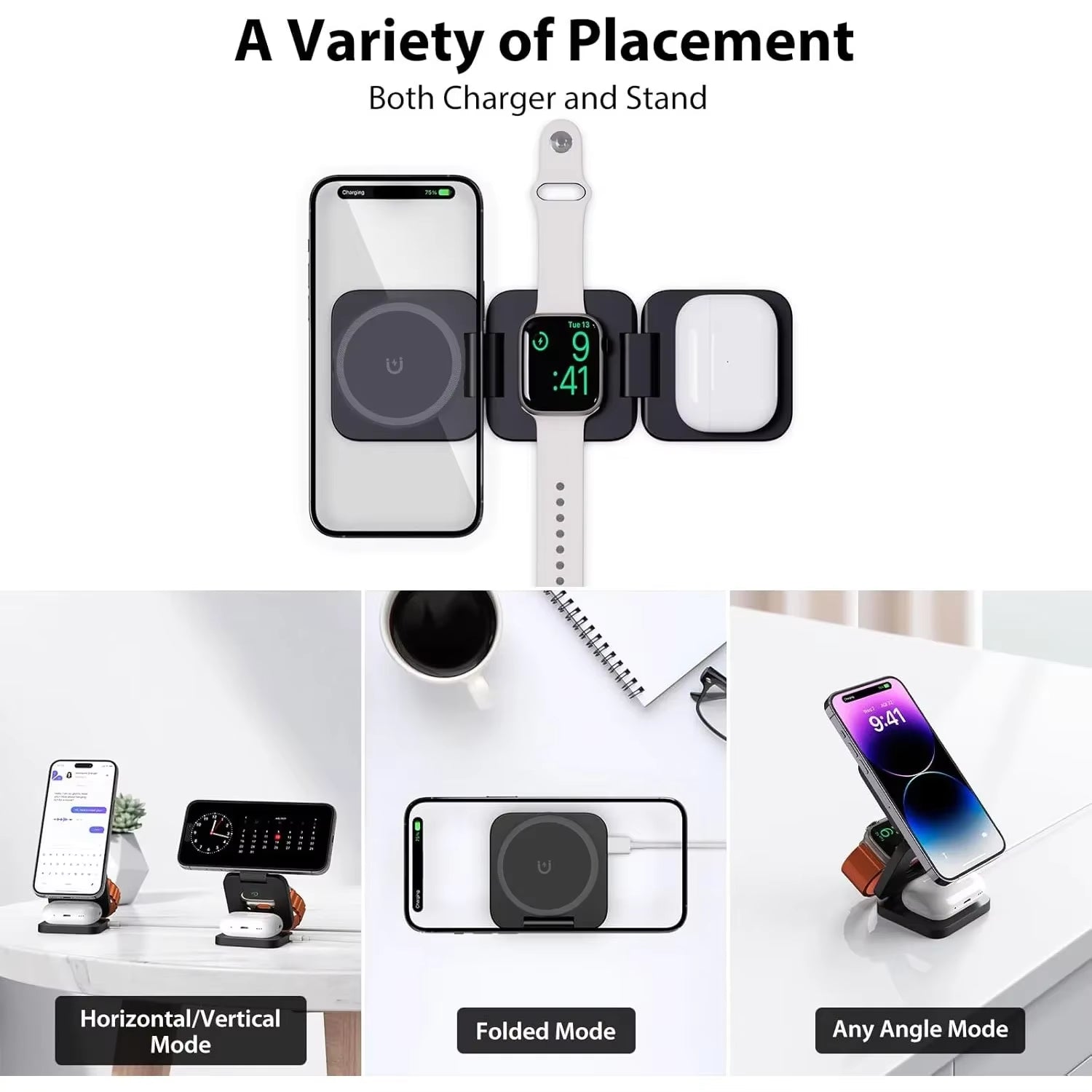 Foldable 3 in 1 Fast Wireless Charger Magnetic Charging for Iphone 16/15/14/13/12 Apple Watch10/9/8/7/6/5/4/3/Se Airpods3/2/Pro