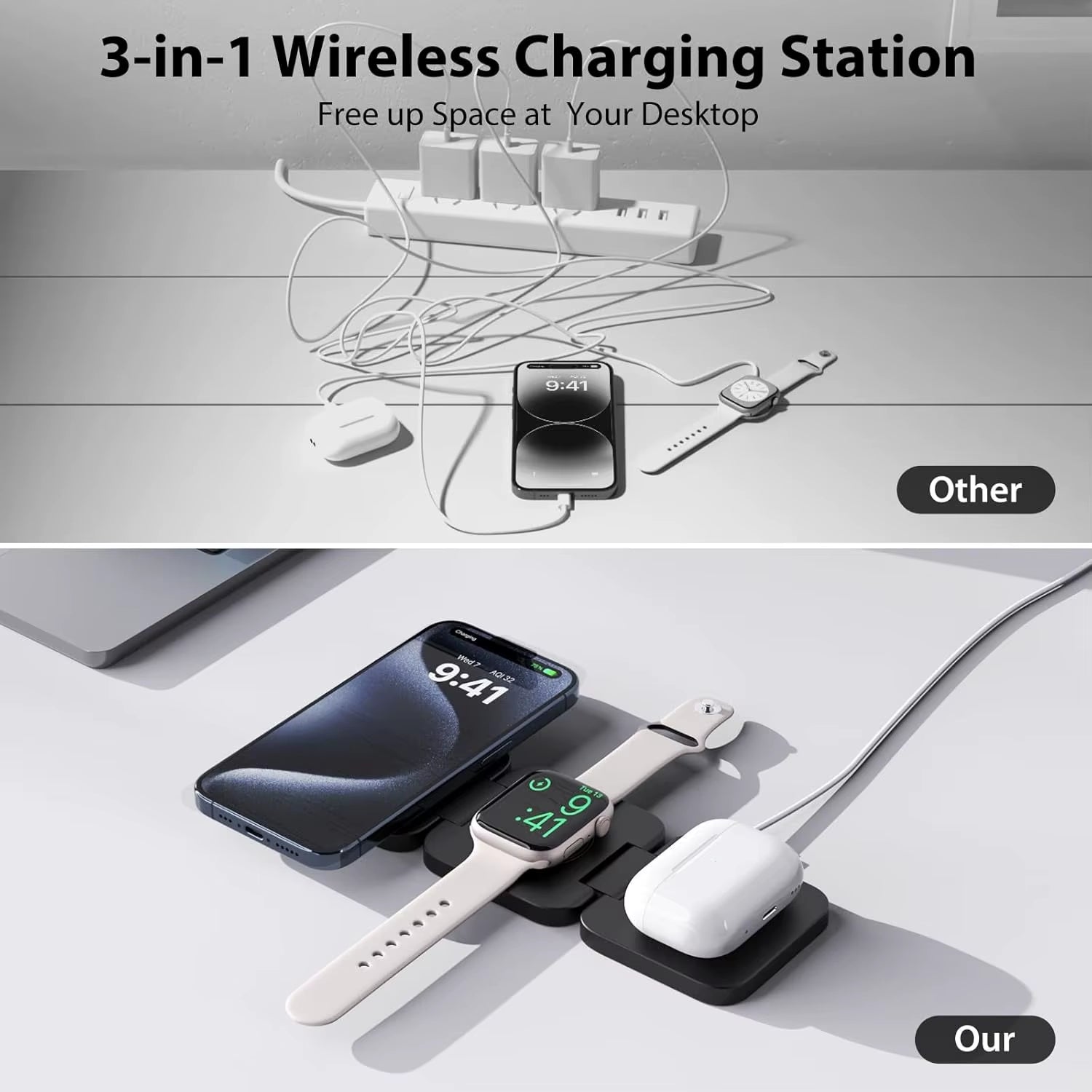 Foldable 3 in 1 Fast Wireless Charger Magnetic Charging for Iphone 16/15/14/13/12 Apple Watch10/9/8/7/6/5/4/3/Se Airpods3/2/Pro